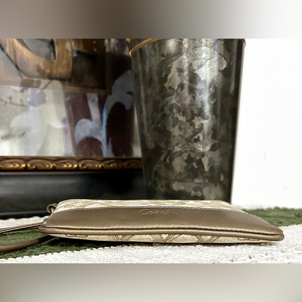 Coach Beige Signature Logo Wristlet with Metallic Accents - Picture 11 of 15